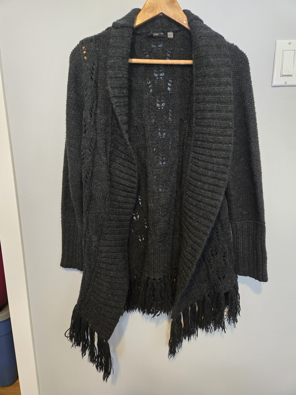 Dex Grey Open-Front Fringe Knit Cardigan Sweater